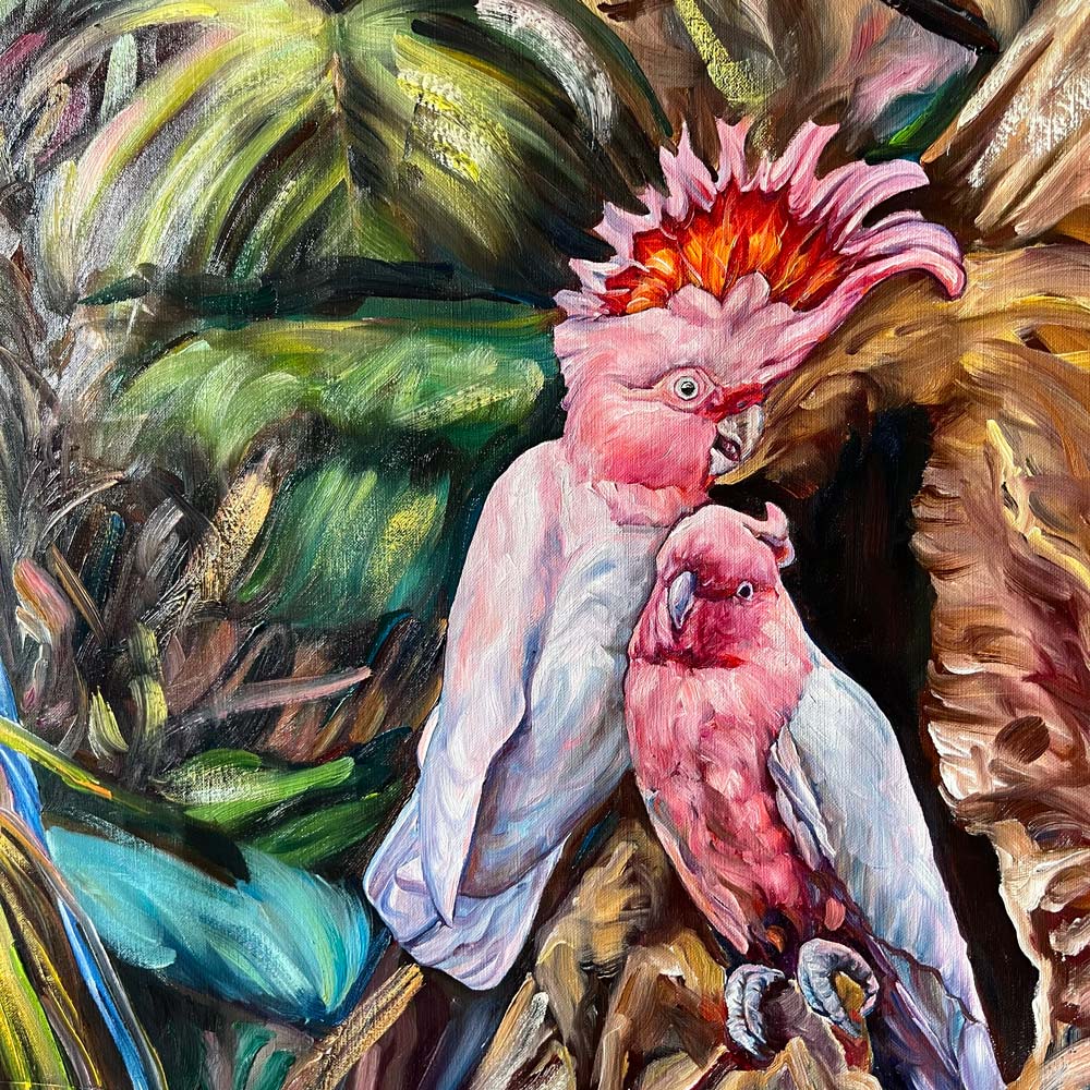 Fresque tropicale d’un ensemble de perroquets Ara, de toucans et de cacatoès, pour une déco murale moderne et bohème.