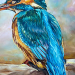 Charger l&#39;image dans la galerie, Peinture à l&#39;huile d&#39;un martin pêcheur et tableau sur toile d&#39;un oiseau sauvage bleu sur une branche au couleurs pastel pour deco bohème et nature.
