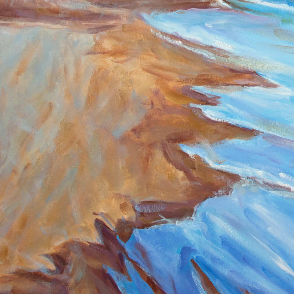 Peinture à l'huile plage et sable ocre et bleu pastel.