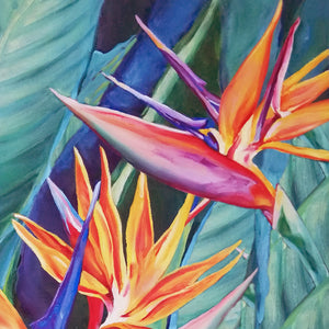 Tableau peinture à l’huile fleurs tropicales sur toile d’Oiseaux du Paradis, strelitzias, fleurs tropicales exotiques pour une déco murale de jungle multicolore.