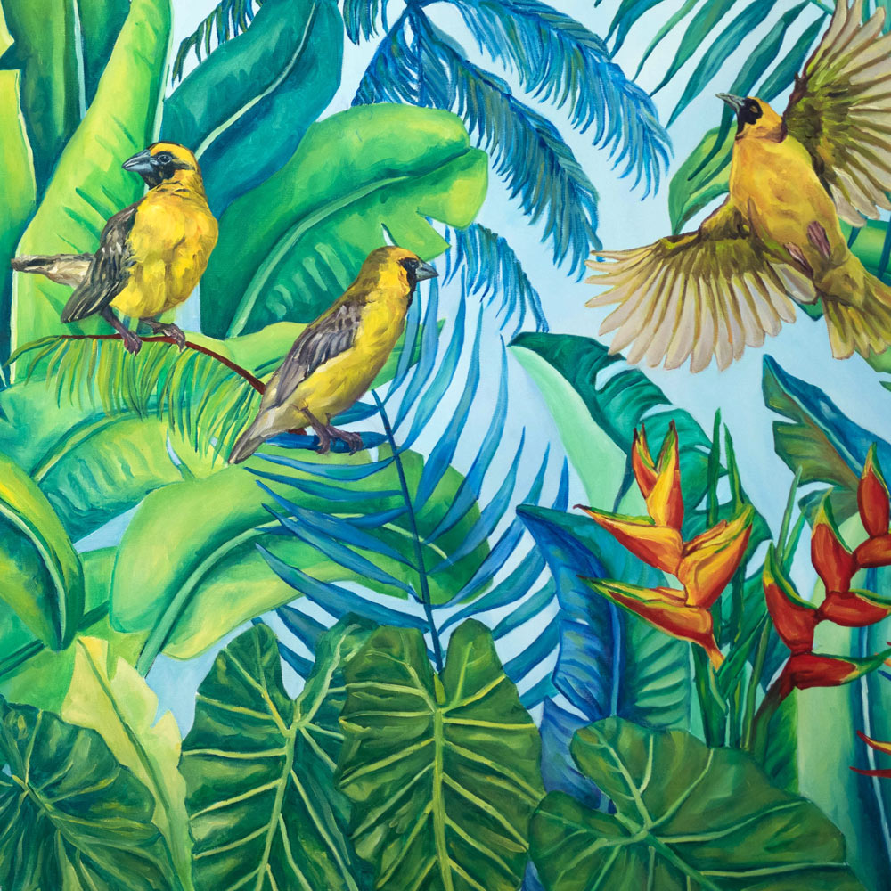 Peinture nature Tableau jungle et tropical d’une fresque d’oiseaux exotiques et sauvages des îles de l’océan indien (île Maurice) représentant des tisserins jaunes et des condés ou bulbul orphée, la jungle avec la végétation des bananiers palmiers aux feuilles multicolores pour une déco bohème, jungalow et moderne