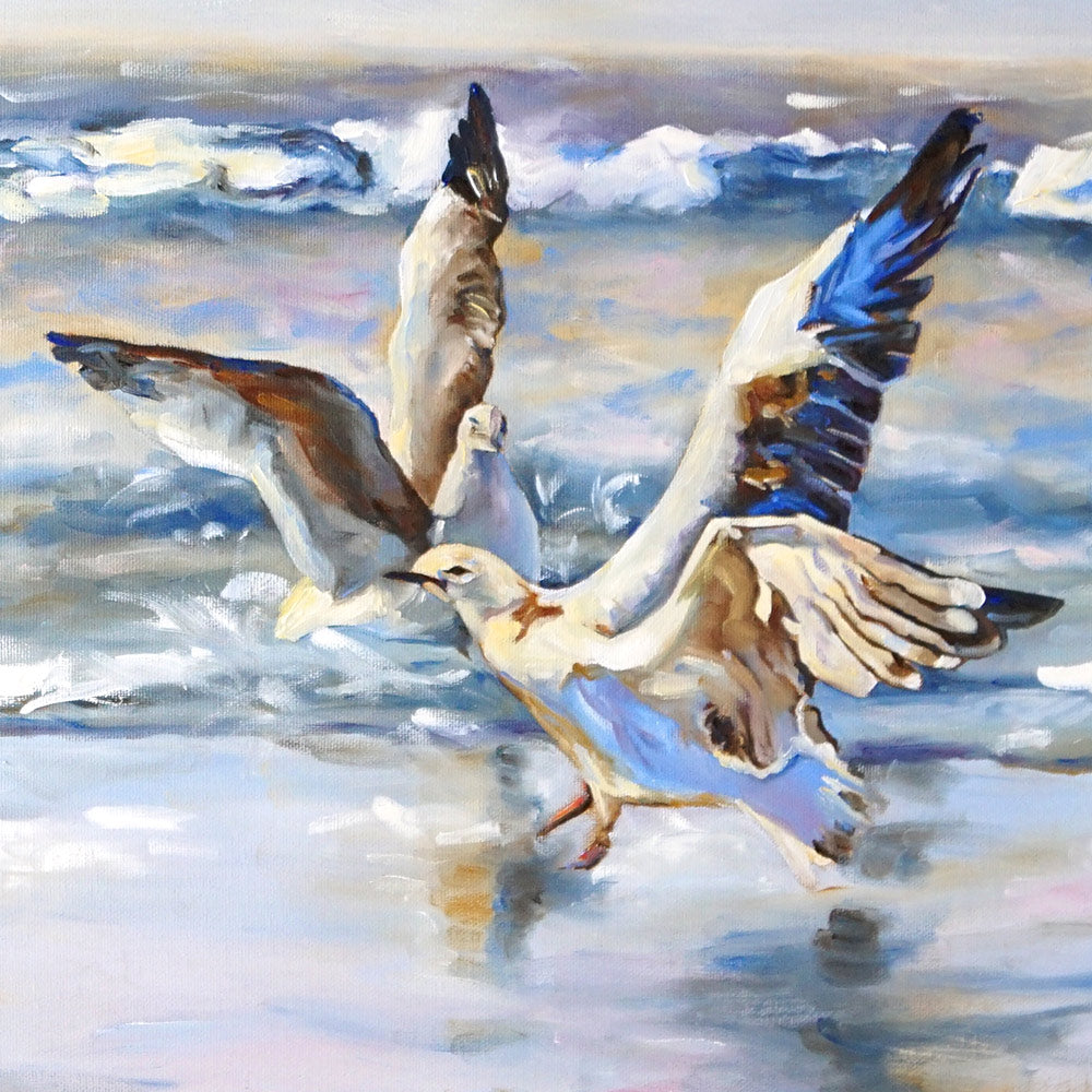 Peinture mouettes sur l’océan Tableau sur toile de déco murale nature d’oiseaux marins d’animaux aquatiques sur les vagues représentant des mouettes volant sur l’océan à la recherche de poissons, pour une ambiance intérieure bord de mer, côtière et moderne