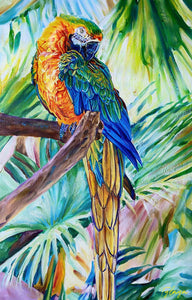 Tableau tropical et nature d’un paysage de perroquet Ara Macaw jaune et bleu sur fond de palmiers et cocotiers aux feuilles multicolores pour une déco murale vacances, bord de mer et moderne