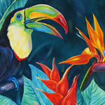 Charger l&#39;image dans la galerie, Tableau jungle sur toile de déco murale nature d’une forêt exotique d’animaux avec fleurs et plantes sauvages représentant un Toucan, un Perroquet, un Cacatoès et des palmier tropicaux pour une ambiance jungle, jungalow et moderne.
