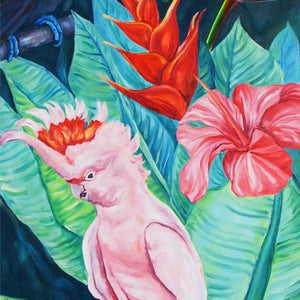 Tableau jungle sur toile de déco murale nature d’une forêt exotique d’animaux avec fleurs et plantes sauvages représentant un Toucan, un Perroquet, un Cacatoès et des palmier tropicaux pour une ambiance jungle, jungalow et moderne.