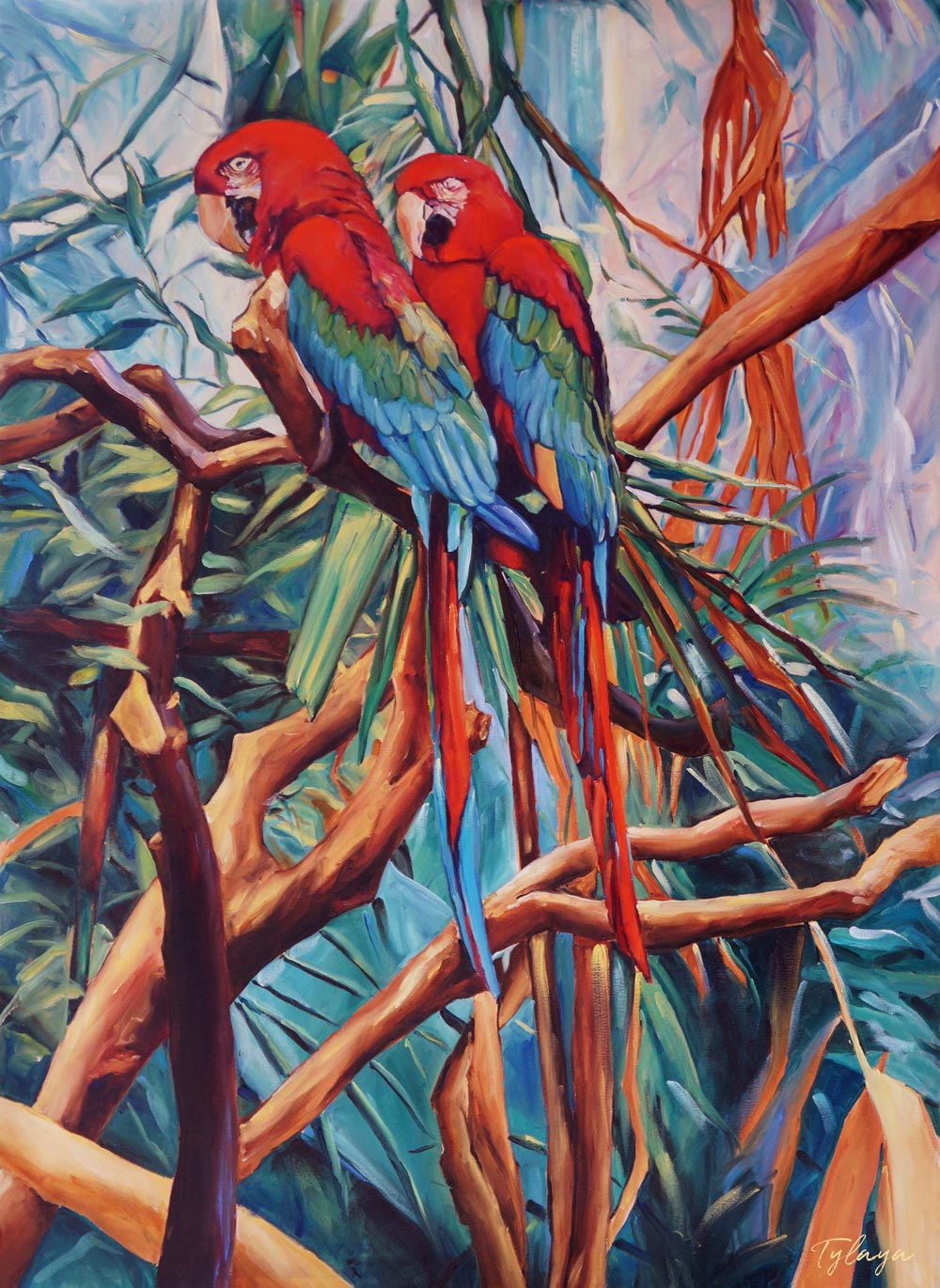 Peinture tropicale perroquets dans un tableau jungle et nature d’un paysage d’animaux sauvages représentant un couple de Ara macao rouge dans la jungle avec la végétation des palmiers aux feuilles multicolores pour une décoration exotique