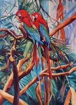 Charger l&#39;image dans la galerie, Peinture tropicale perroquets dans un tableau jungle et nature d’un paysage d’animaux sauvages représentant un couple de Ara macao rouge dans la jungle avec la végétation des palmiers aux feuilles multicolores pour une décoration exotique
