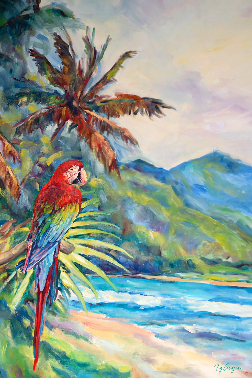 Peinture paysage tropical Tableau perroquet multicolore