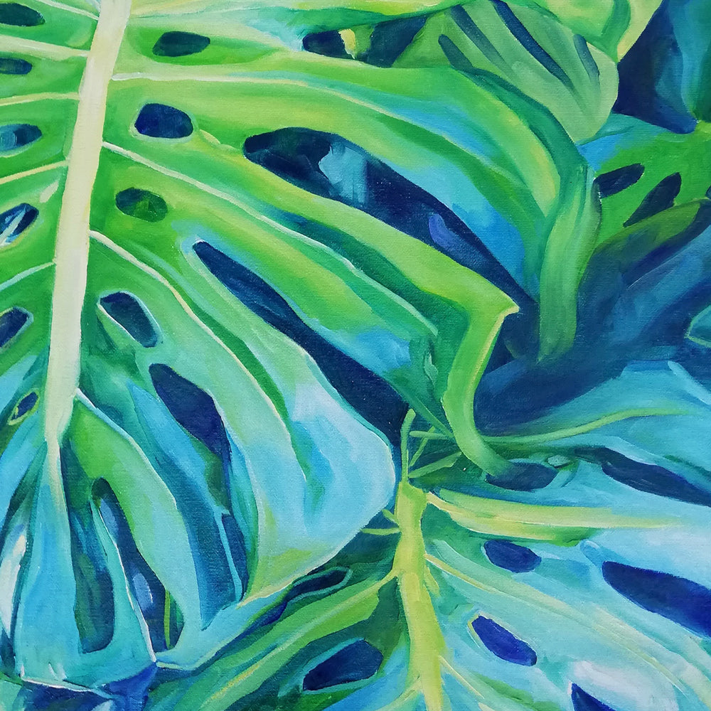 Tableau triptyque jungle, végétation de feuilles tropicale d’un bananier, d’un monstera et de lotus blanc, pour une déco murale moderne et naturelle.