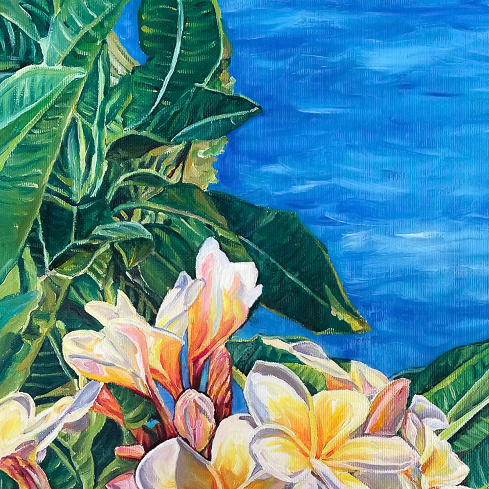 Tableau tropical et nature de Fleurs de frangipanier ou Plumeria acuminata, rappelant les fleurs de tiaré blanches pour une décoration murale de vacances tendance exotique chic