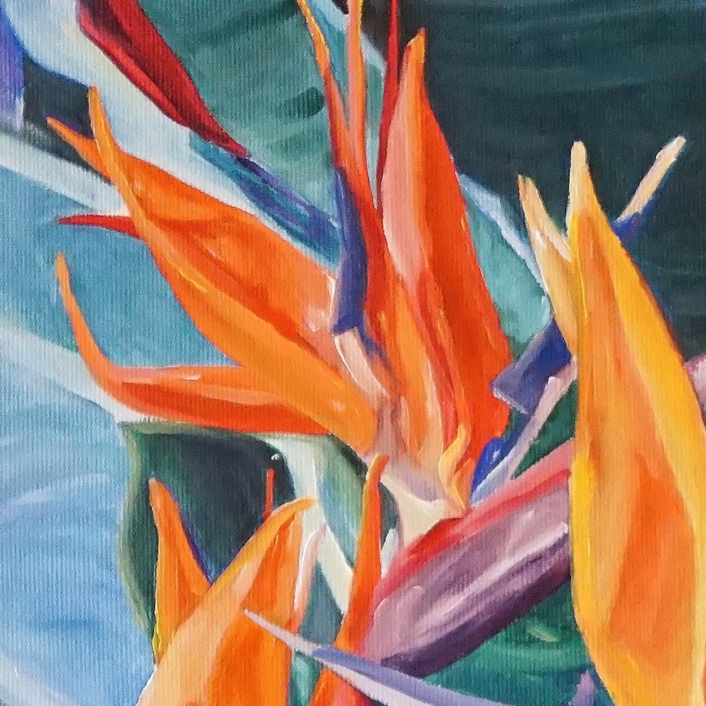 Peinture de fleurs tropicales multicolores oiseau de paradis sur tableau toile.