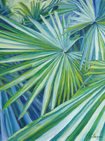 Charger l&#39;image dans la galerie, Tableau tropical et nature d’un feuillage tropical, des feuilles de palmier géant tallipot, une peinture exotique colorée, décoration végétale et moderne pour art mural contemporain et design
