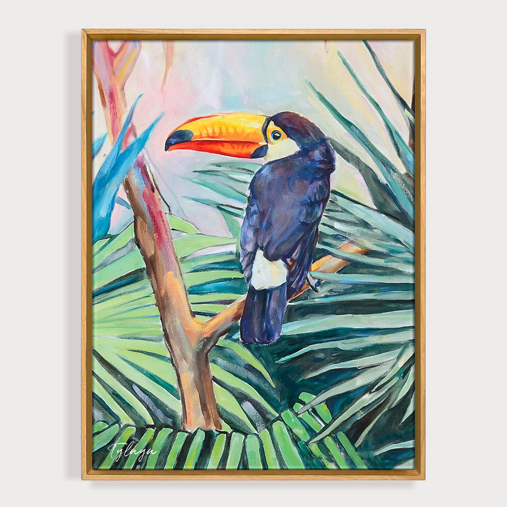  Peinture poster de toucan toco dans la jungle entre les feuilles de palmiers vertes et bleus multicolores.