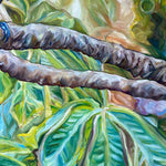 Charger l&#39;image dans la galerie, Peinture jungle sur une toile avec un toucan toco sur une branche devant les feuilles de palmiers pour un tableau animalier et exotique.

