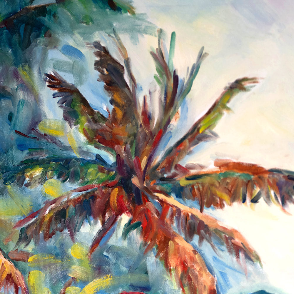 peinture tropical et nature d’un paysage de plage et de montagne avec le perroquet Ara Macao rouge avec palmiers cocotier aux feuilles multicolores devant la montagne et sur un ciel bleu de vacances pour une déco murale bord de mer et moderne
