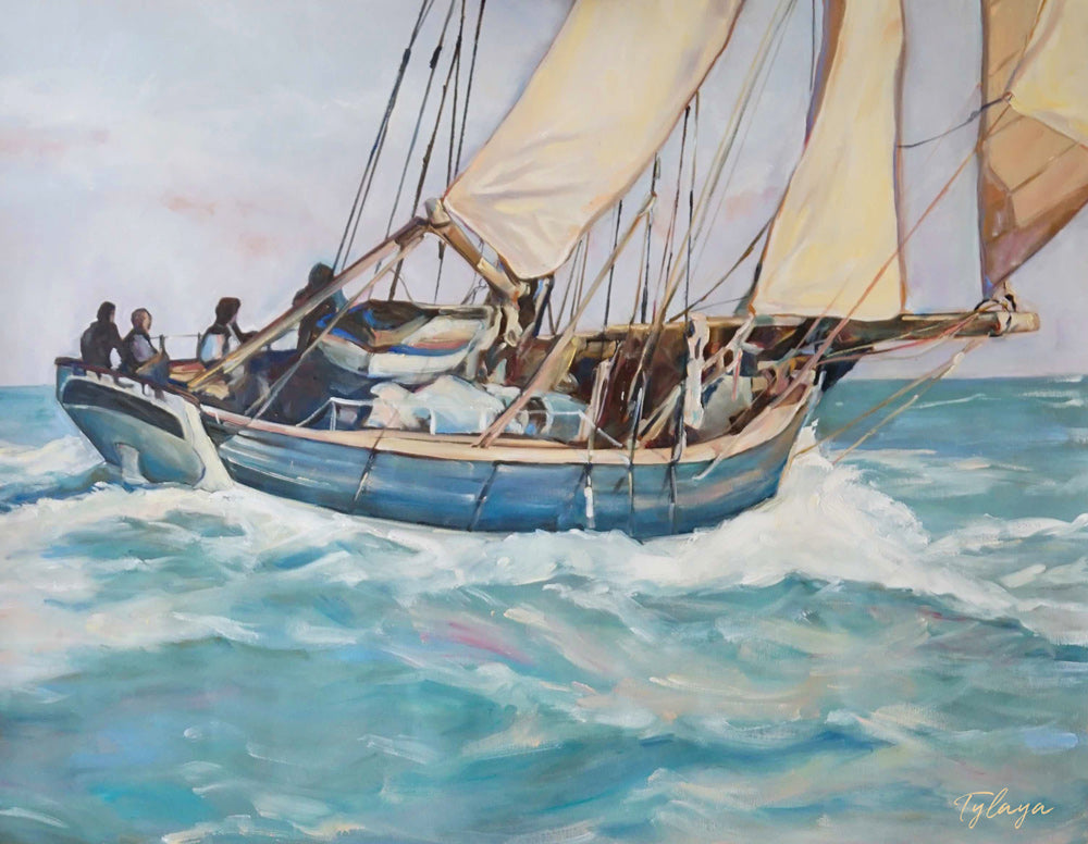 Tableau peinture marine sur toile de déco murale d’un bateau voilier naviguant sur les vagues et dans les vents sur l’océan pour une déco intérieure bord de mer, côtière et moderne