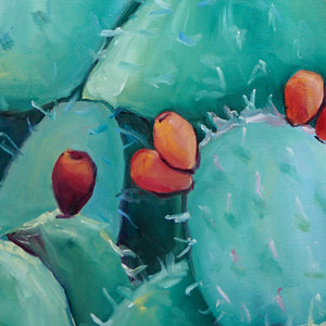 Peinture cactus plante avec fleurs et fruits rouges de figuier de barabarie tropical et nature pour déco murale nature et intérieur moderne et exotique.