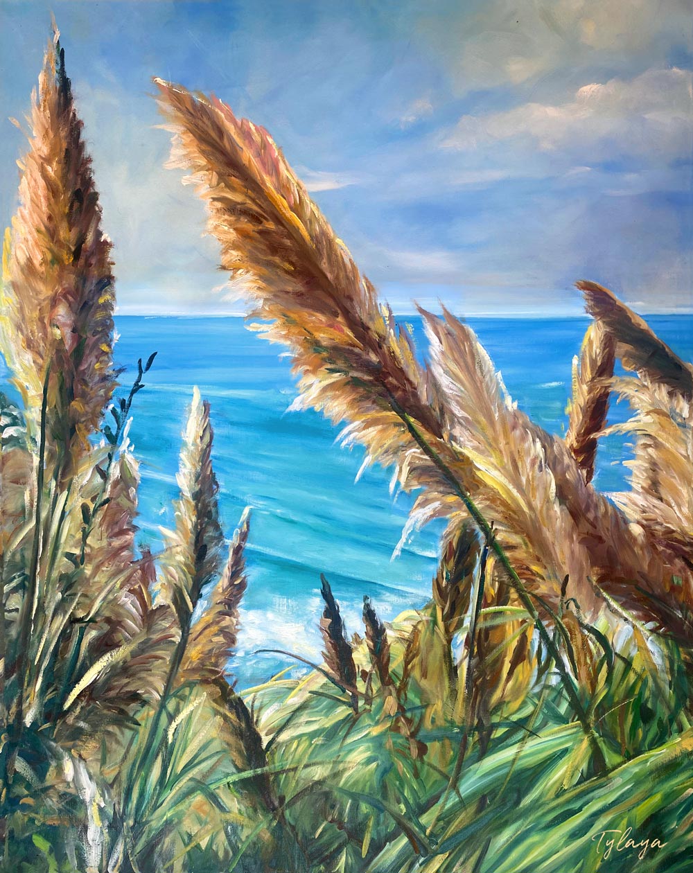 Tableau tropical sur toile d’Herbes de la Pampa face à l’océan turquoise, déco murale nature exotique