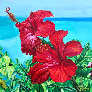 Tableau de fleurs tropicales hibiscus rouges ode à la beauté de la nature exotique et sauvage des îles de l’océan indien pour une déco mer, bohème, jungalow et moderne