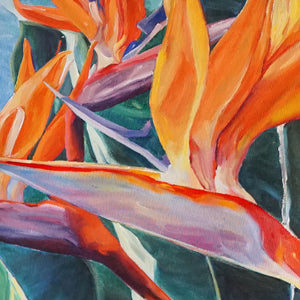 Peinture à l'huile de fleurs tropicales multicolores oiseau de paradis sur tableau toile.