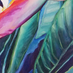Charger l&#39;image dans la galerie, Tableau peinture à l’huile fleurs tropicales sur toile d’Oiseaux du Paradis, strelitzias, fleurs tropicales exotiques pour une déco murale de jungle multicolore.
