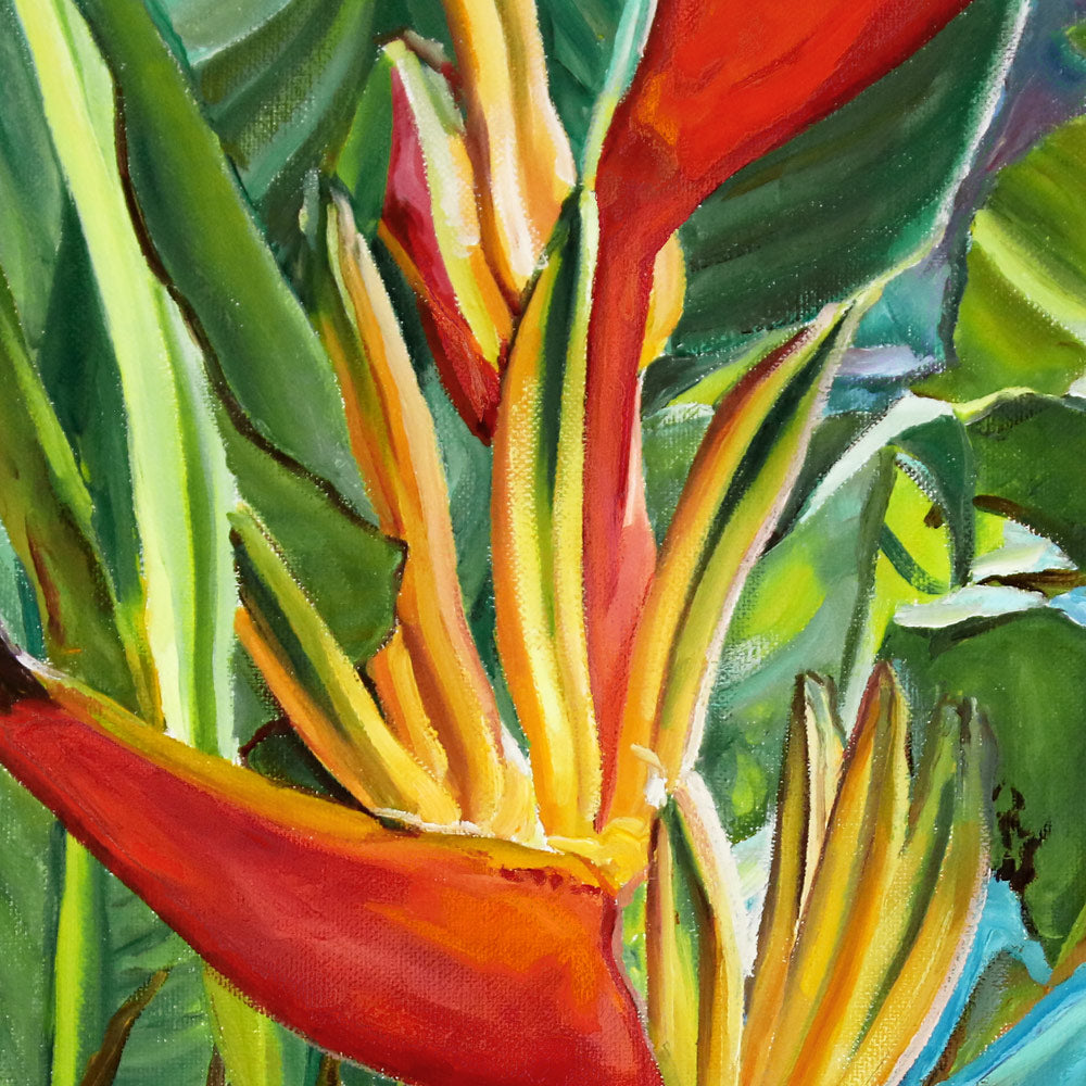Tableau de fleurs exotiques Heliconia rouges et oranges, paysage de la beauté de la nature sauvage des forêts tropicales de l’Amazonie d'Amérique du sud pour une déco mer, bohème, jungalow et moderne