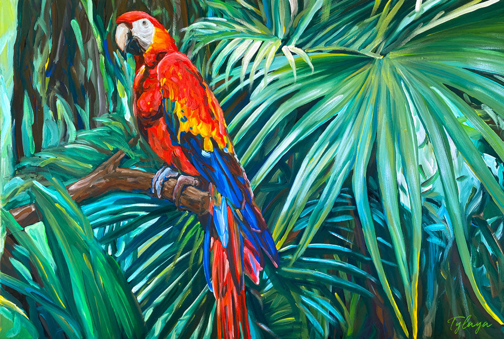 Tableau sur toile de perroquet ara macaw rouge, oiseau tropical ara macao rouge, déco jungle murale aux couleurs vibrantes