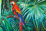 Charger l&#39;image dans la galerie, Tableau sur toile de perroquet ara macaw rouge, oiseau tropical ara macao rouge, déco jungle murale aux couleurs vibrantes
