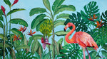 Charger l&#39;image dans la galerie, Tableau flamant rose et fleurs tropicales jungle et nature d’une fresque d’oiseaux exotiques et sauvages des îles de l’océan indien aux motifs de feuilles multicolores pour une déco bohème, jungalow et moderne
