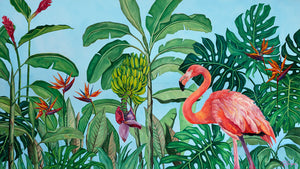 Tableau flamant rose et fleurs tropicales jungle et nature d’une fresque d’oiseaux exotiques et sauvages des îles de l’océan indien aux motifs de feuilles multicolores pour une déco bohème, jungalow et moderne