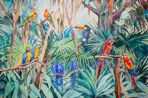 Peinture jungle toile nature tableau perroquets et toile tropicale d’une fresque exotique et multicolore de la forêt représentant des toucans et ara macaw perroquet rouge et bleus et de conure soleil dans la jungle avec la végétation des palmiers aux feuilles de palmiers pour une déco moderne