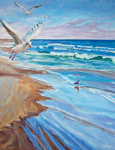 Tableau sur toile de déco murale nature mouettes oiseaux marins d’animaux aquatiques sur les vagues et volant sur l’océan pour une ambiance intérieure bord de mer, côtière et moderne