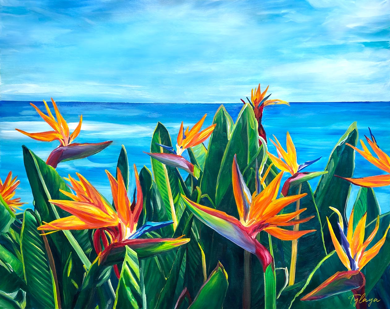Tableau sur toile d’Oiseaux de Paradis devant l’océan, fleurs tropicales exotiques pour une déco murale nature