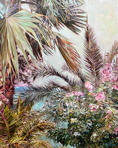 Tableau sur toile d’une nature printanière, palmiers devant l’océan Basque et fleurs roses, pour une déco murale pastel rêveuse.