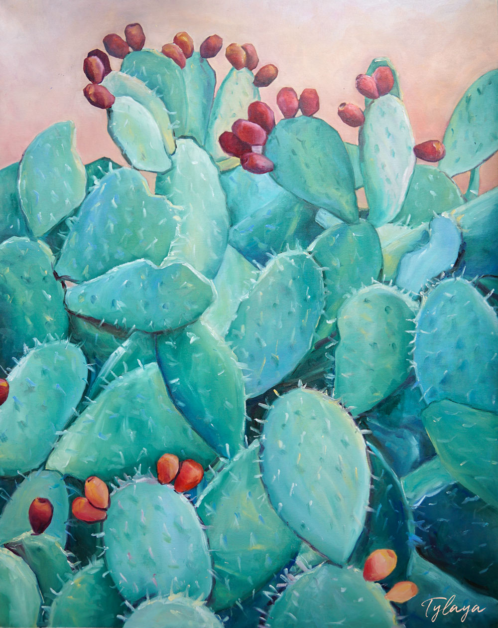 Tableau tropical et nature de plante cactus aux fleurs et fruits rouges de figuier de Barbarie dans le désert pour art déco murale nature et intérieur contemporain essentiel 