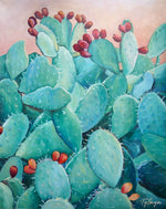 Charger l&#39;image dans la galerie, Tableau tropical et nature de plante cactus aux fleurs et fruits rouges de figuier de Barbarie dans le désert pour art déco murale nature et intérieur contemporain essentiel 

