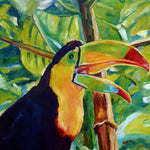 Charger l&#39;image dans la galerie, Tableau tropical et nature d’un toucan tropical, chantant dans la jungle exotique entouré de feuilles de palmier et d’arbres : une peinture d’animal colorée, décoration végétale et moderne pour art mural contemporain et design
