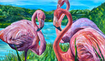 Charger l&#39;image dans la galerie, Tableau tropical de trois flamants roses des îles Galápagos sur fond de lagune azurée, œuvre intime et pudique pour une déco murale exotique.
