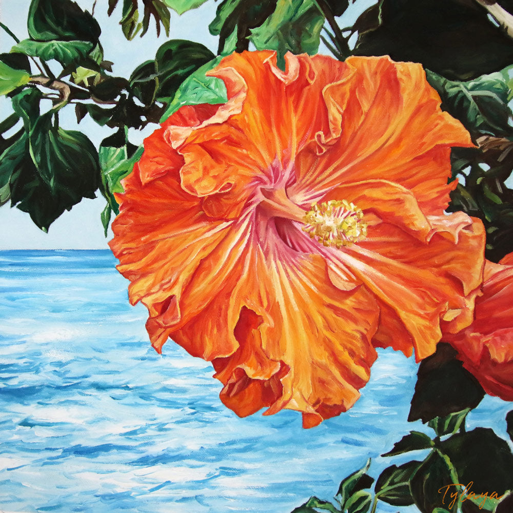 Tableau de fleurs hibiscus orange et rouge représentation de la beauté de la nature exotique et sauvage des îles de l’océan indien pour une décoration tropicale mer, bohème, jungalow et moderne
