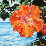 Charger l&#39;image dans la galerie, Tableau de fleurs hibiscus orange et rouge représentation de la beauté de la nature exotique et sauvage des îles de l’océan indien pour une décoration tropicale mer, bohème, jungalow et moderne
