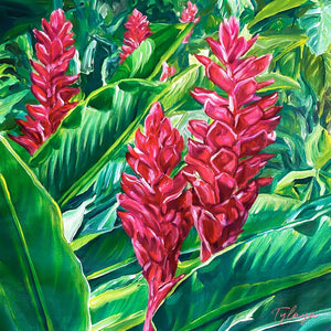 Tableau de fleurs tropicales Alpinias rouges, ou gingembre rouge, pour une déco murale fleurie et exotique.