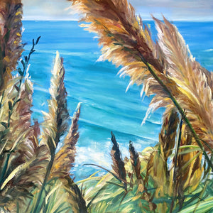 Tableau tropical sur toile d’Herbes de la Pampa face à l’océan turquoise, déco murale nature exotique