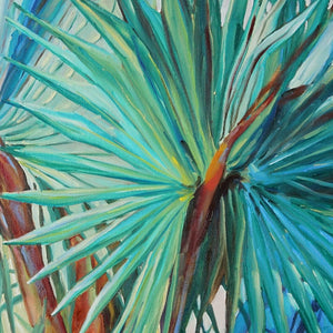 Tableau jungle et nature de feuilles de palmier exotiques et sauvages des îles représentant la jungle avec la végétation des palmier palmiers aux feuilles multicolores pour une déco tropicale bohème, jungalow et moderne