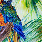 Charger l&#39;image dans la galerie, Tableau tropical et nature d’un paysage de perroquet Ara Macaw jaune et bleu sur fond de palmiers et cocotiers aux feuilles multicolores pour une déco murale vacances, bord de mer et moderne
