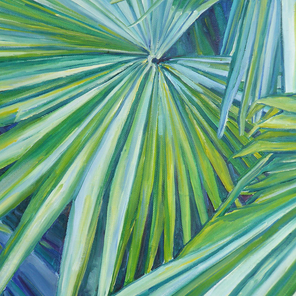 Tableau tropical et nature d’un feuillage tropical, des feuilles de palmier géant tallipot, une peinture exotique colorée, décoration végétale et moderne pour art mural contemporain et design