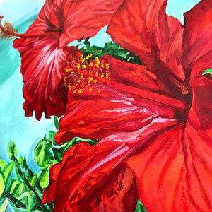 Tableau de fleurs tropicales hibiscus rouges ode à la beauté de la nature exotique et sauvage des îles de l’océan indien pour une déco mer, bohème, jungalow et moderne