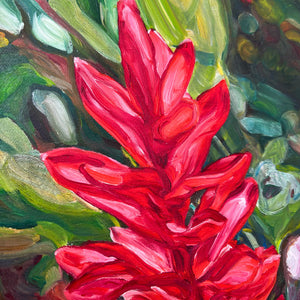 Tableau tropical, fleur de gingembre rouge unique, pour une déco murale exotique et une ambiance chic et moderne.