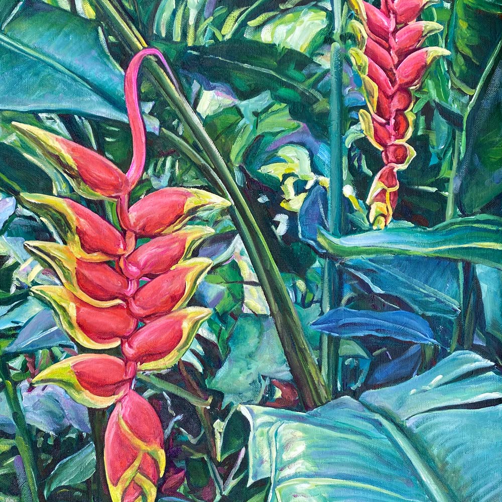 Tableau de fleurs exotiques Heliconia rouges et oranges, paysage de la beauté de la nature sauvage des forêts tropicales de l’Amazonie d'Amérique du sud pour une déco mer, bohème, jungalow et moderne