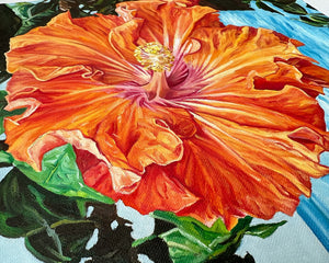 Tableau de fleurs hibiscus orange et rouge représentation de la beauté de la nature exotique et sauvage des îles de l’océan indien pour une décoration tropicale mer, bohème, jungalow et moderne