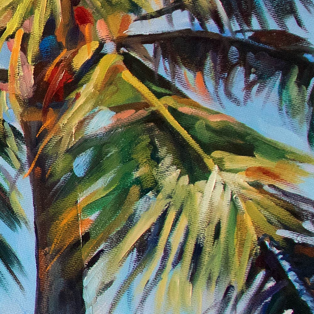 Tableau tropical palmier cocotier multicolore, feuilles de palmiers en une peinture contemporaine de style pour déco murale nature, voyage, bohème, décor plage et mer